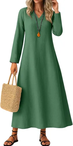 Vista 9 de Vestido de lino de algodón para mujer, de manga larga, holgado, ligero, básico, con cuello en V, vestido largo y modesto