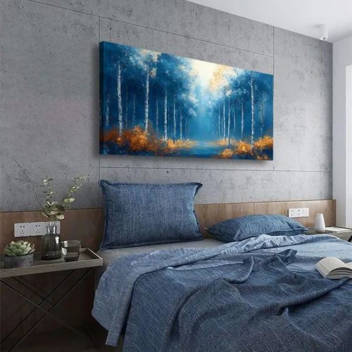 Vista 7 de Cuadros de bosque azul para pared, arte de pared para sala de estar, dormitorio, bosque impreso para decoración del hogar, arte abstracto de niebla