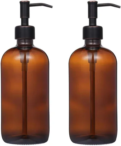 Vista 8 de Paquete de 2 botellas redondas Boston de vidrio ámbar de 16 onzas con tapas de policarbonato herméticas negras, recipientes de vidrio reutilizables