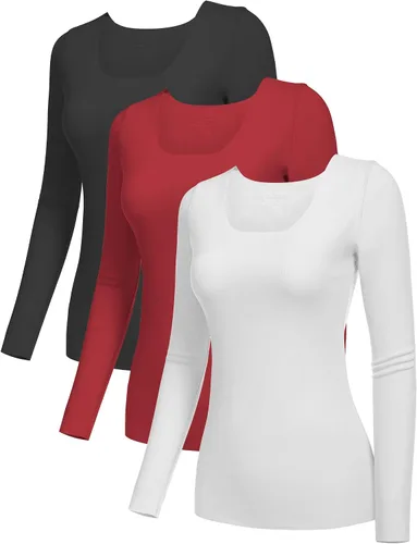 Vista 2 de YYA Camisas básicas de manga larga de 3 piezas para mujer, térmicas, cálidas, cuello redondo, elásticas, ajustadas, camiseta de capa S-XL