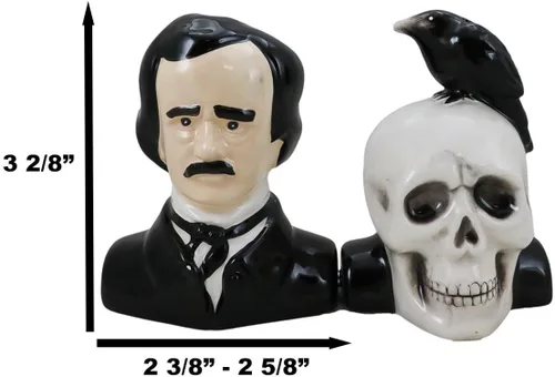 Vista 2 de Ebros Gift Poeta gótico Edgar Allen Poe con cuervo negro en el cráneo decorativo de cerámica salero y pimentero Figuritas Quoth The Raven Nevermore