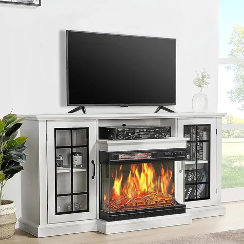 Vista 14 de LUXOAK Soporte de TV con chimenea de 75 pulgadas con chimenea eléctrica de Blanco envejecido