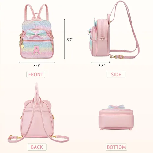 Vista 7 de KKXIU Mochilas Mini con Moño Inicial para Niñas y Mujeres, Linda Mochila Pequeña con Asa de Bolso, Regalos Personalizados para Niños, Arcoíris