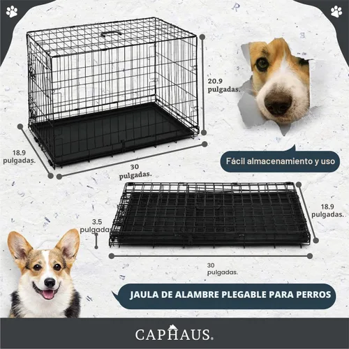 Vista 2 de CAPHAUS Jaula plegable para perros de alambre y metal con bandeja a prueba de fugas y patas protectoras y panel divisor, puerta simple o doble