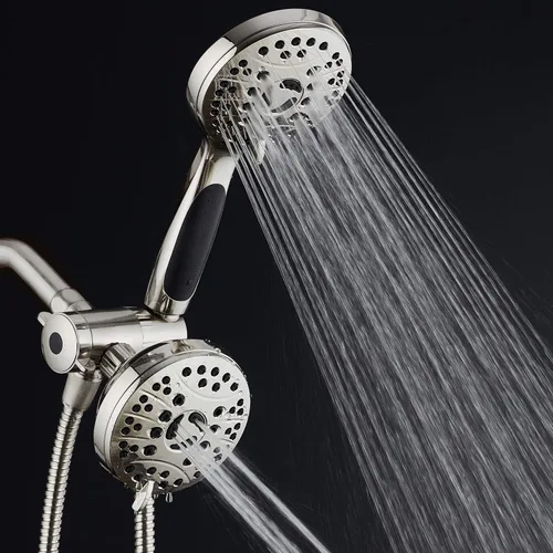Vista 3 de Cabezal de ducha de alta presión de 48 modos de lujo, combo de 3 vías – Regadera de lluvia doble y de mano – Manguera de acero inoxidable de 6 pies