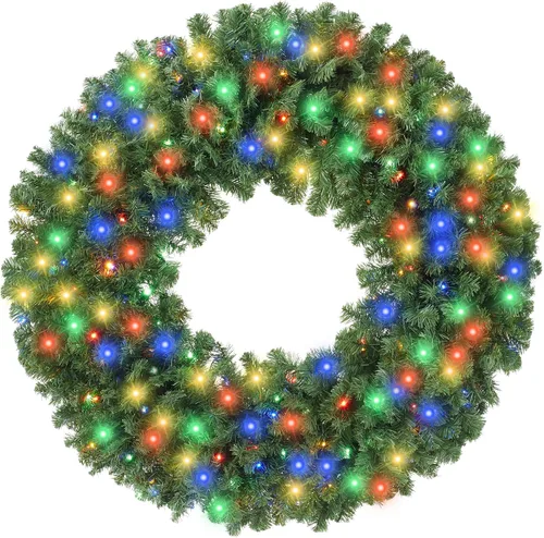 Vista 8 de Casafield Corona de Navidad artificial de abeto de 24 pulgadas, decoración navideña, 200 puntas de PVC para puerta delantera, ventana o mantel