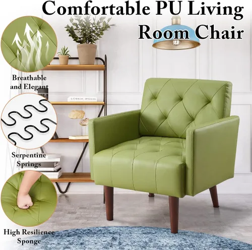 Vista 3 de Silla decorativa de piel sintética, moderna silla con brazo retro Verde