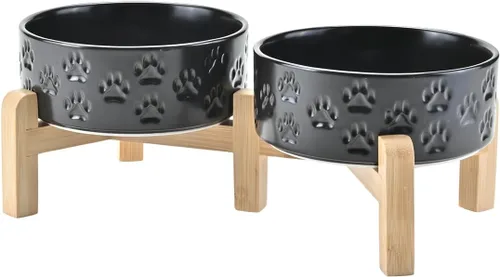 Vista 36 de SPUNKYJUNKY Cuencos elevados de cerámica para perros, 5.1 pulgadas, para comida de perros y gatos, cuencos elevados con soporte de bambú Verde oscuro