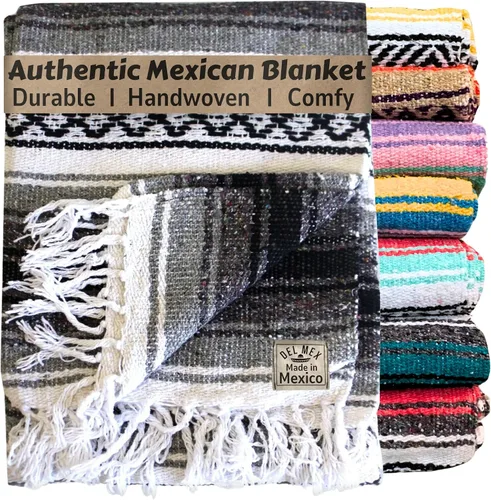 Vista 15 de Del Mex Manta clásica mexicana, gran manta falsa tejida auténtica (70 x 50 pulgadas), decoración artesanal del suroeste para playa, yoga, aire libre