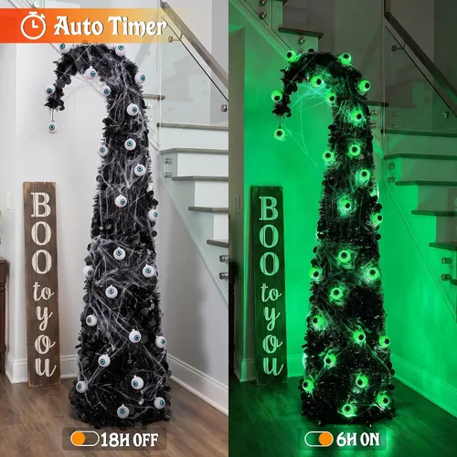 Vista 4 de Brizled Prelit Black Halloween Tree, 5 ft Lighted Fall Tree with Lights