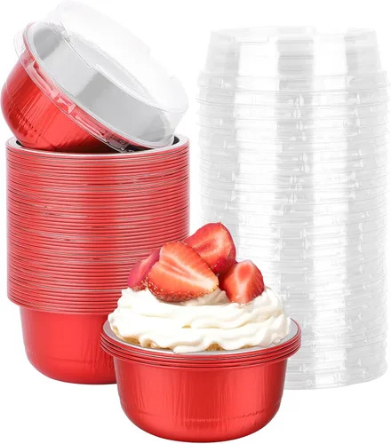 Vista 50 de Beasea Disposable Ramekins with Lids, 50 Pack 8oz 235ml Aluminum Foil Baking Cups with Lids, Aluminum Creme Brulee Ramekins Muffin Cupcake Pudding