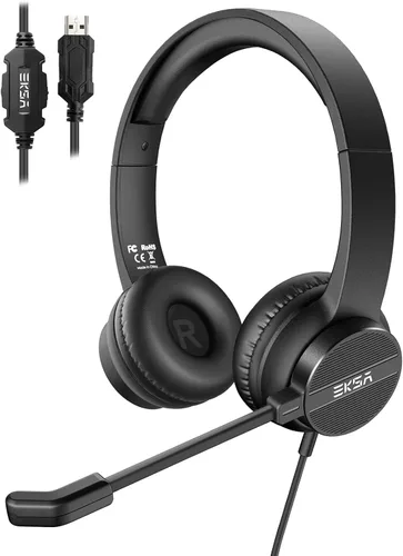 Vista 10 de EKSA Auriculares con micrófono para PC, auriculares de computadora con cable de 0.138 in con controles de volumen y silencio de micrófono