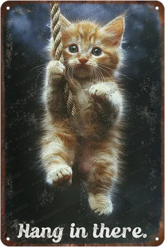 Vista 18 de Cartel de metal divertido vintage con diseño de gato de cocina con texto en inglés «Cat Never Trust A Skinny Cook», póster de metal para el hogar