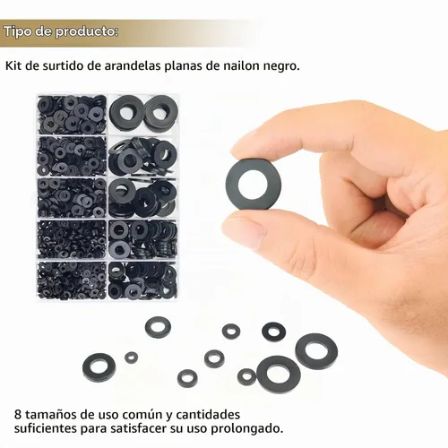 Vista 6 de 620 arandelas planas de nailon, 8 tamaños, arandelas de plástico de nailon negro, kit surtido de arandelas (M2 M2.5 M3 M4 M5 M6 M8 M10)