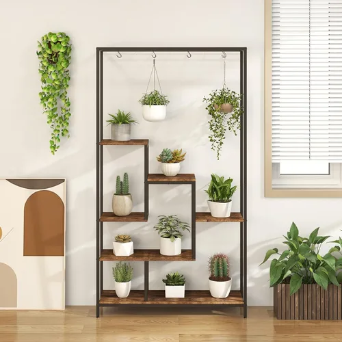 Vista 10 de Soporte para plantas de 6 niveles para interiores, soporte para plantas de 70.9 pulgadas de alto con 10 ganchos colgantes en S, estante de metal