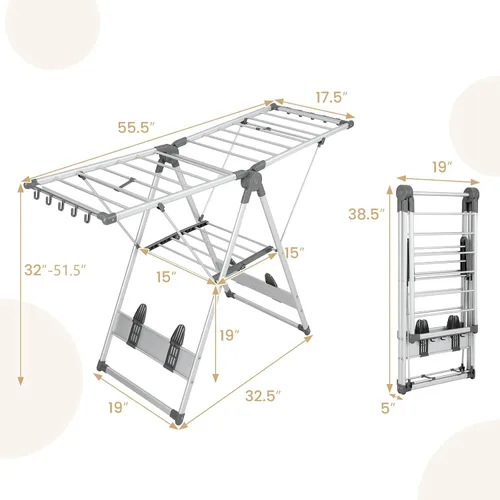 Vista 9 de Tangkula Estante de secado de ropa plegable, estante de secado de aluminio de 2 capas que ahorra espacio con alas ajustables, estante de secado