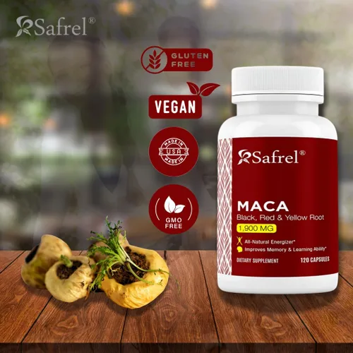 Vista 2 de Safrel Raíz de maca orgánica negra, roja, amarilla, 1900 mg por porción, 120 cápsulas veganas de raíz de maca peruana gelatinizada 100% pura sin OMG