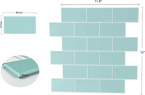 Vista 2 de Azulejo de cristal para despegar y pegar, color azul claro en azulejos de vidrio para pared de cocina y baño (5 hojas, 4.23 pies cuadrados)