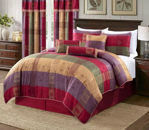 Vista 17 de Chezmoi Collection Juego de edredón Jacquard Floral de 7 piezas, color negro y dorado, con medallón de diamante, tamaño Queen Negro/Marrón Floral