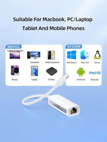 Vista 3 de Adaptador USB C a Ethernet, puerto LAN tipo C a RJ45, portátil de aluminio, Internet con cable de 100 Mbps, Plug & Play para MacBook Pad Pro/Air