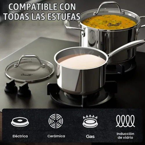 Vista 8 de Ciwete Juego de ollas y sartenes de acero inoxidable de tres capas, 11 piezas y 2 cuartos de galón con tapa