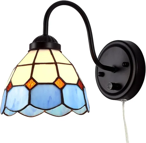 Vista 13 de Tiffany - Lámpara de pared para mesita de noche con interruptor regulable, aplique de pared de cuello de ganso vintage industrial con cable