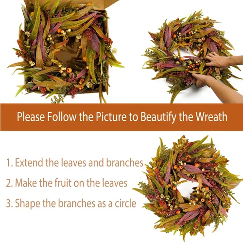 Vista 5 de Corona de olivo para puerta delantera de 22 pulgadas, corona de vegetación para todas las estaciones con hojas de olivo y frutos, decoración