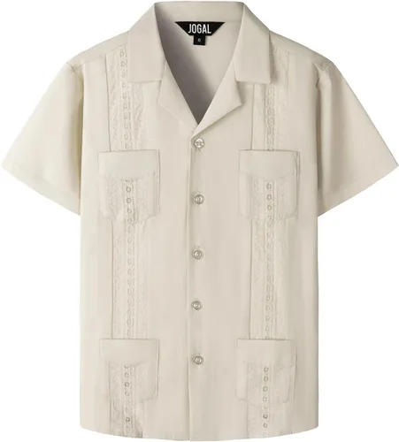 Vista 8 de JOGAL Camisas guayabera cubanas para niños de manga corta con botones, camisa casual de playa Verde militar