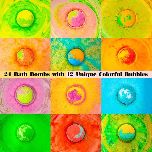 Vista 4 de Bombas de baño de regalo, paquete de 24 bombas de burbujas con 12 aromas únicos, colecciones florales y afrutadas, calmante para la piel y mejora