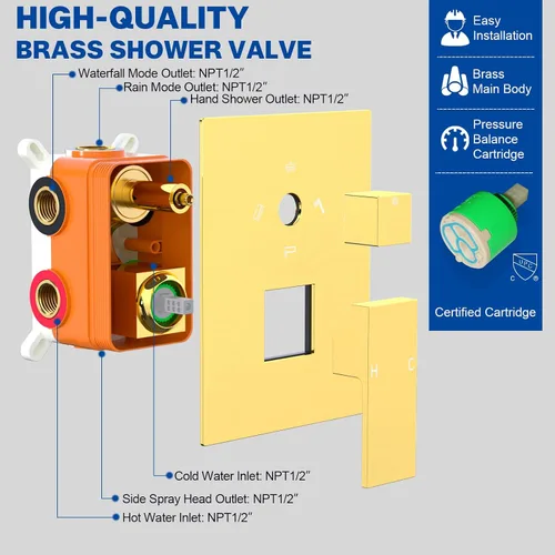 Vista 7 de ENGA Sistema de ducha dorado brillante con chorros corporales, 2 en 1 funciones de montaje en techo, cabezal de ducha LED de 14 x 20 pulgadas con 4