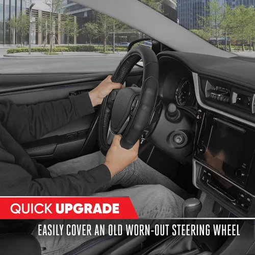 Vista 3 de Motor Trend GripDrive - Funda de cuero negro sintético para volante de automóvil, camión, camioneta, SUV, tamaño pequeño de 14 pulgadas, funda