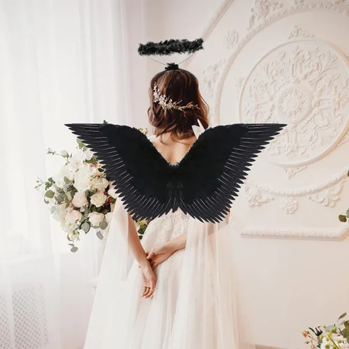 Vista 7 de Alas de ángel y halo para adultos, disfraz de ángel de plumas para mujeres, niños y niñas, accesorios de disfraces de cosplay de Halloween