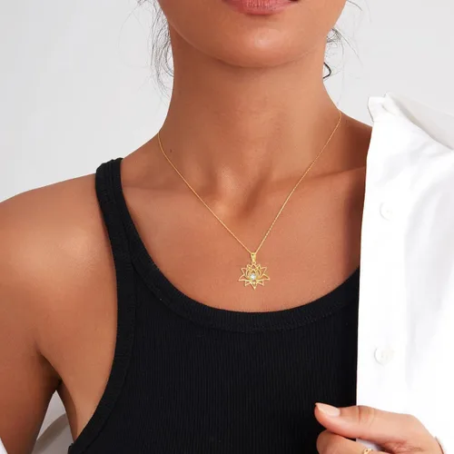 Vista 5 de KECHO Collar de loto para mujer con colgante de flor de oro macizo de 14 quilates, regalo de joyería de yoga para esposa, novia, hija