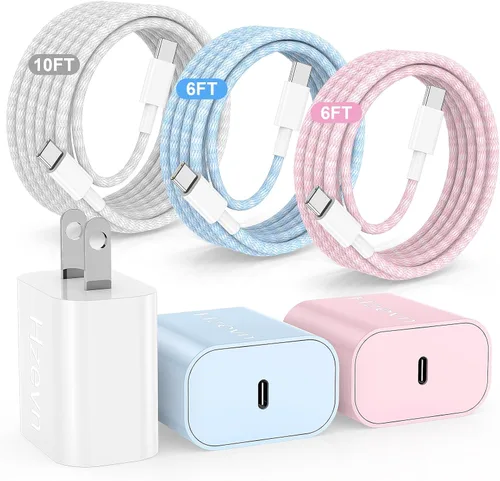 Vista 7 de Carga rápida USB C de 20 W para iPhone 17 Air/16/15 Pro Max, paquete de 3 bloques de carga coloridos mezclados con cables USB C a C largos trenzados