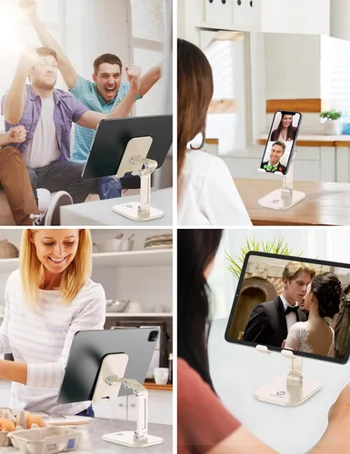 Vista 6 de Soporte para teléfono OCYCLONE, soporte para celular plegable con altura y ángulo ajustables para escritorio, soporte para iPhone más alto Beige