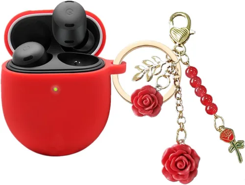 Vista 8 de Funda para Google Pixel Buds Pro con llavero, bonita funda de silicona para Pixel Buds Pro, funda de carga protectora con mosquetón de flores, Azul