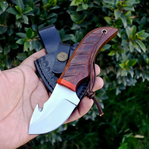 Vista 7 de AR - Cuchillo desollador hecho a mano de 7 pulgadas con gancho intestinal, cuchillo de caza de alta calidad, cuchillos hechos a mano