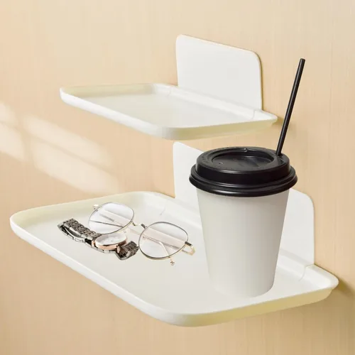 Vista 7 de Juego de 2 estantes flotantes plegables para pared de noche, estante de pared pequeño sin perforaciones, perfume, organizador de caravana