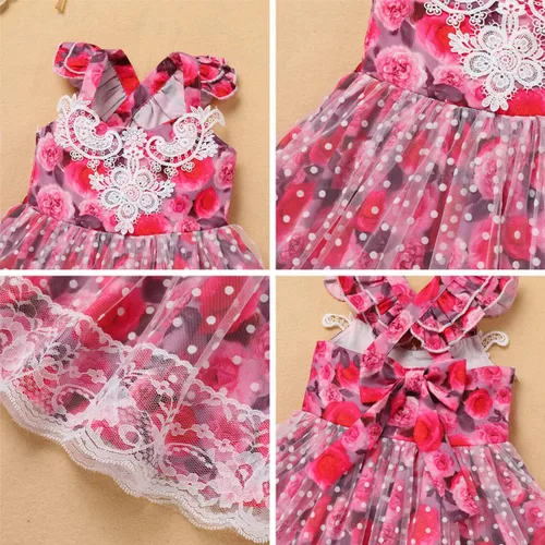 Vista 5 de IDOPIP Baby Girls Floral Tutu Dress Summer Mesh Lace Sleeveless Backless Princess Birthday Party Dresses with Headband Outfit