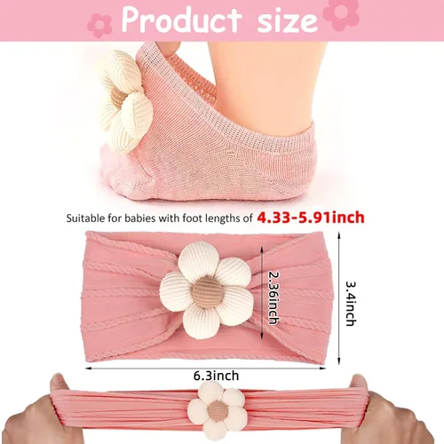 Vista 2 de MIUXUESO Diademas y calcetines para bebés y niñas recién nacidas, bandas para el pelo de flores para recién nacidas, calcetines antideslizantes