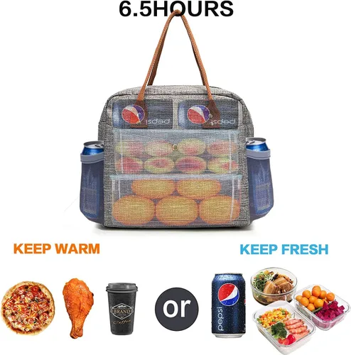 Vista 2 de Bolsa de almuerzo para mujer, bolsa de almuerzo impermeable con correa de hombro ajustable, trabajo (gris)