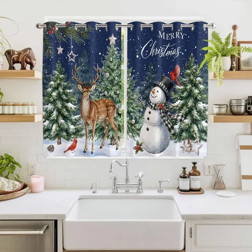 Vista 48 de Libaoge Cortinas de Navidad para cocina, dormitorio, juego de 2 paneles, diseño de muñeco de nieve de Navidad, cortinas de invierno con copos