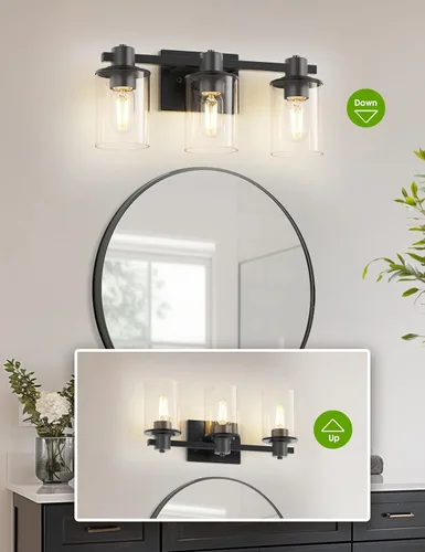 Vista 5 de L LOHAS LED Lámpara de baño negra de 3 luces sobre el espejo, moderna lámpara de tocador negra mate con pantalla de vidrio transparente, luces
