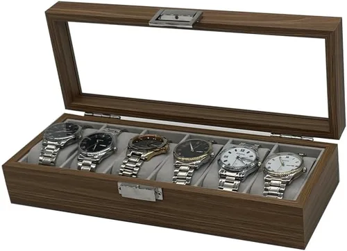 Vista 2 de Caja de reloj vitrina organizador de joyas con tapa de vidrio (madera-6slot)