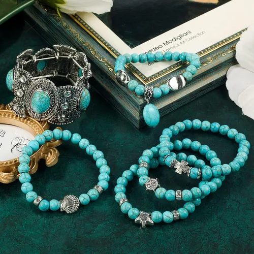 Vista 6 de LETAJOY Turquoise Bracelet for Women,Healing Crystal Stone Stretch Round Bead Bracelets for Women Men Jewelry