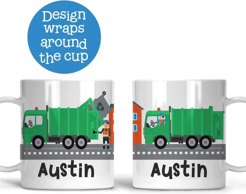 Vista 2 de Taza de camión de basura personalizada para niños con nombre del niño, taza irrompible de camión de basura, apta para lavavajillas y sin BPA