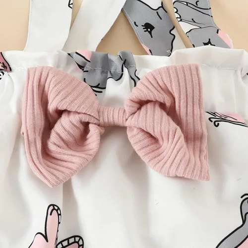 Vista 6 de Traje de verano para bebé recién nacida, manga con volantes, acanalado, falda con tirantes, vestido con diadema, ropa de 3 piezas