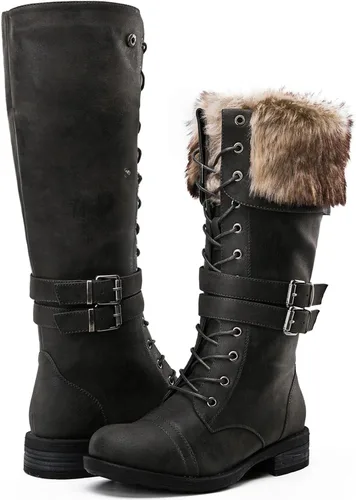 Vista 2 de GLOBALWIN Botas altas de media pantorrilla hasta la rodilla para mujer, botas de combate elegantes con cordones para mujer, tacón bajo