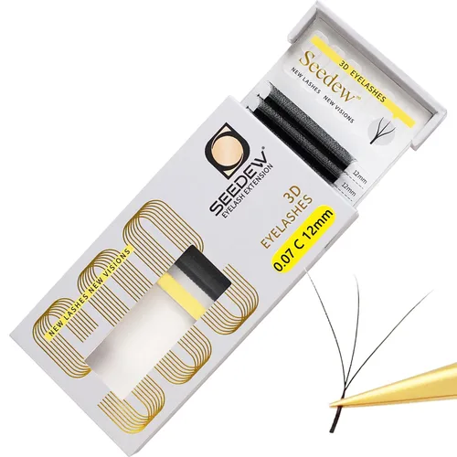 Vista 48 de Extensiones de pestañas 3D, rizo LU/M de 0.003 in, MIX8-0.591 in, 12 filas por bandeja, tallo plano en forma de W, injerto de pestañas natural PBT