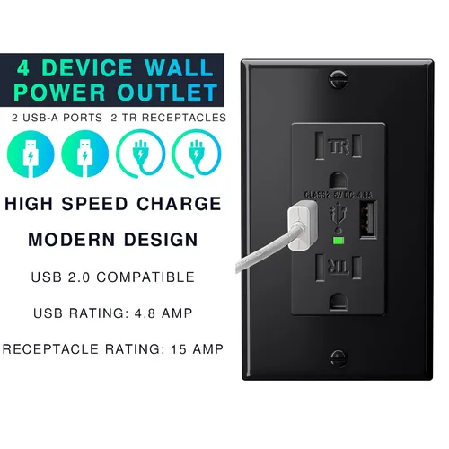 Vista 2 de Dependable Direct - 2 puertos USB de alta velocidad 4.8A y 15 A dúplex, resistencia a la manipulación y receptáculo de pared, incluye placa de pared